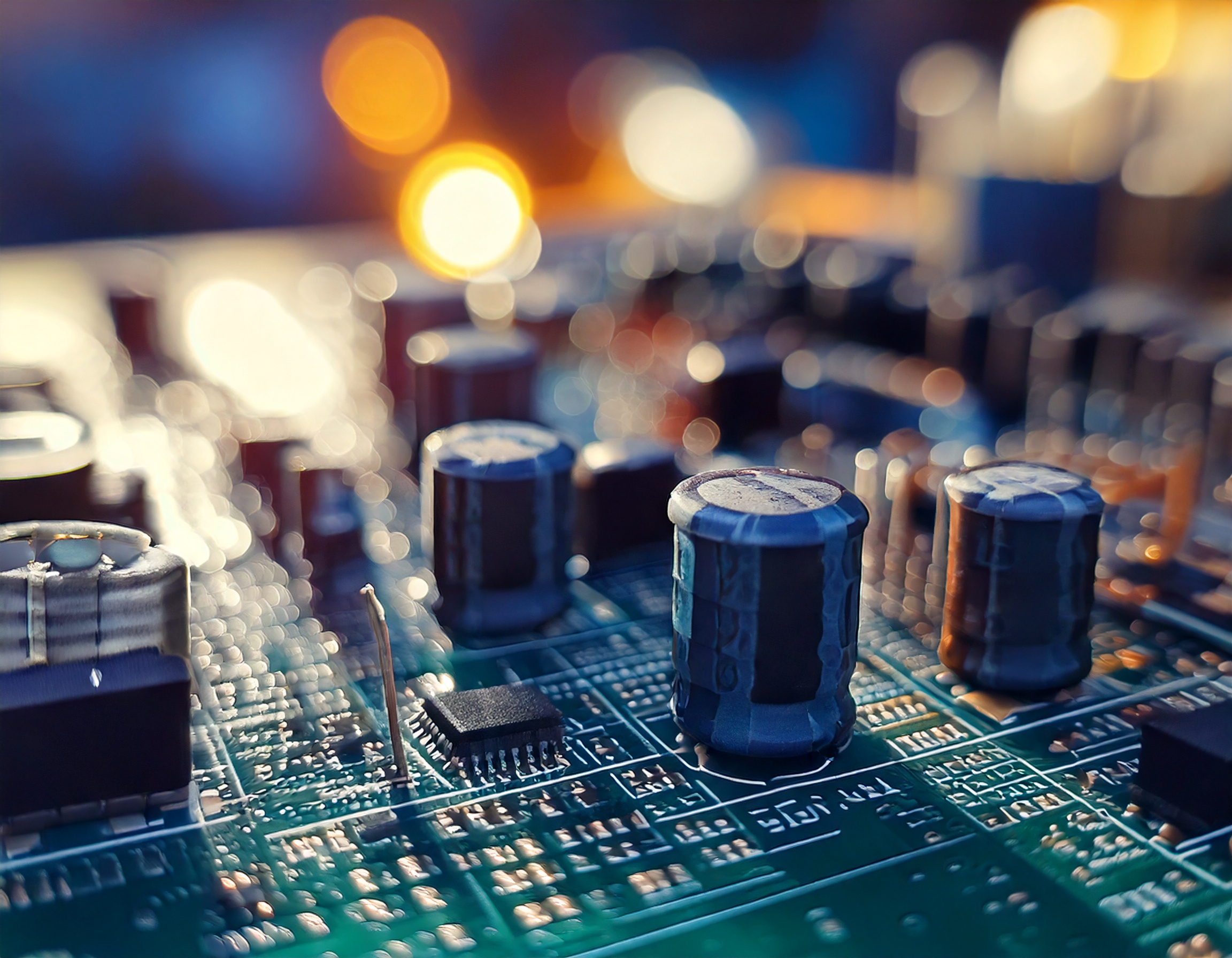 高密度実装された電子部品の画像。発熱リスクが高まる現場で放熱フィンが効果的に機器の信頼性と省エネ性を支えることを表現。
